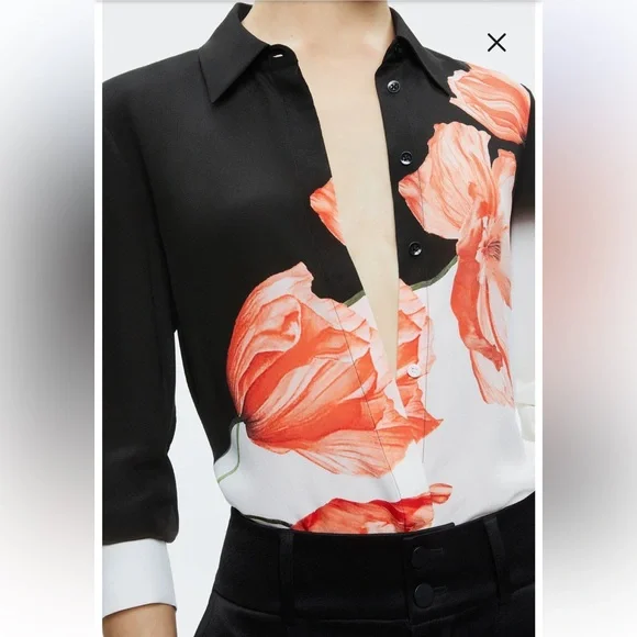 Alice + Olivia Brady Floral Slim Fit Silk Button-Up Shirt size M - Picture 2 of 10
